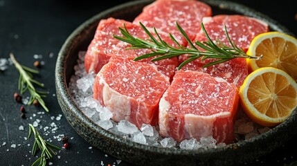 Raw beef steaks with rosemary and lemon on a cast iron plate