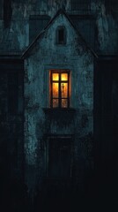 Fototapeta premium A single lit window in an old dark building at night