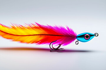 Vibrant Fishing Lure with Bright Feathers and Colorful Design on White Background