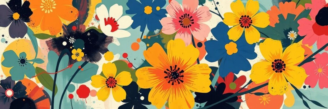 Abstract expressionist floral background in bold colors and dynamic shapes, contemporary, bold