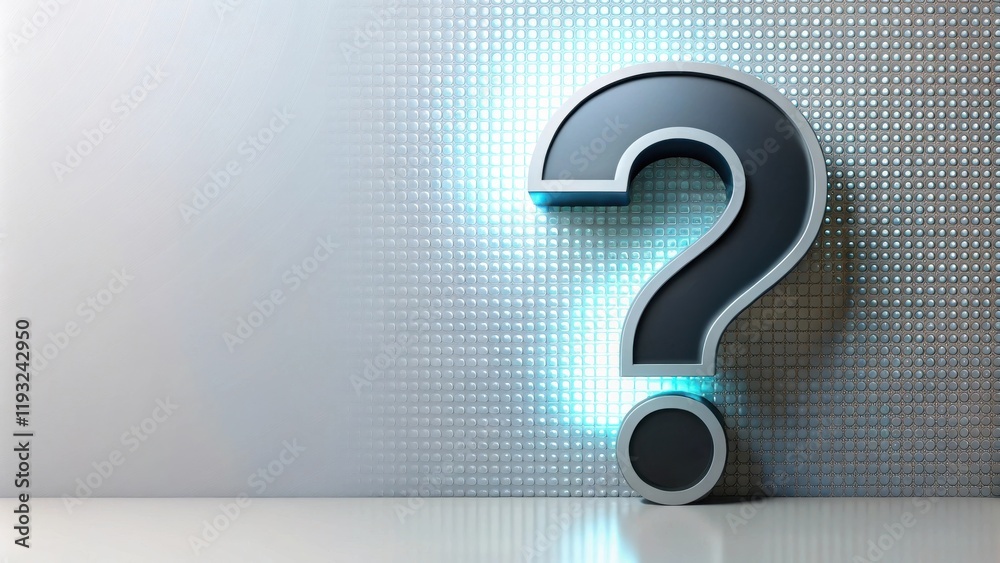 Poster metallic question mark against modern background illuminating uncertainty