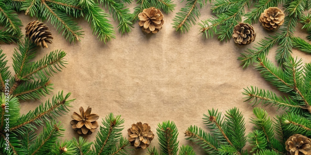 Poster A Festive Frame of Evergreen Branches and Pine Cones on Rustic Paper