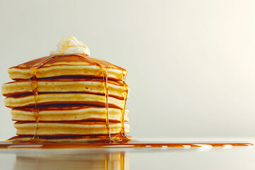 Fluffy Pancakes Stacked High with Maple Syrup and Whipped Cream on Top