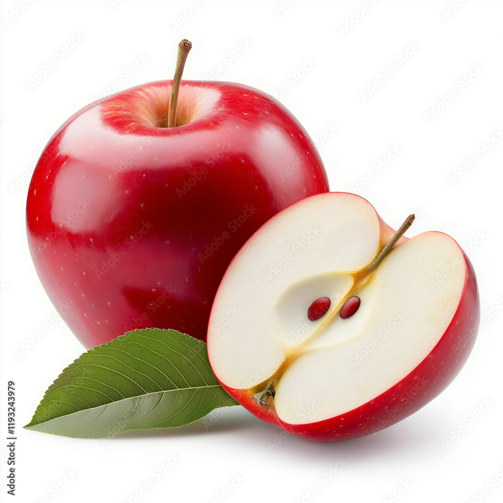 Poster Red apple and half apple with leaf showing seeds