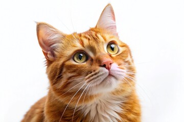 Adorable Red Cat Gazing Upward, Isolated White Background Stock Photo