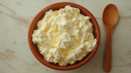 Fresh Creamy Whipped Topping in Rustic Wooden Bowl on Marble Surface