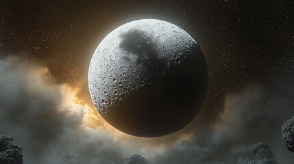 Obraz premium Glowing moon above dark clouds and asteroids in space.