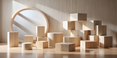 Modern Minimalist Wooden Display Cubes and Cylinders with Circular Backdrop