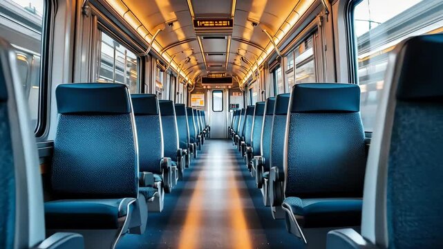Empty train interior with modern seating and warm lighting during late afternoon hours