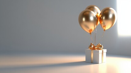Elegant Gold Balloons with Gift Box in Soft Light Background