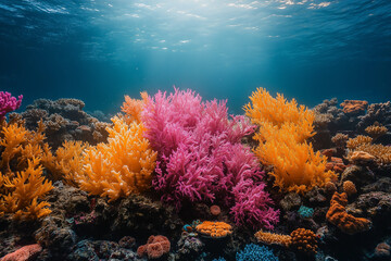 Naklejka premium Récif corallien vibrant avec créatures marines exotiques et eau cristalline