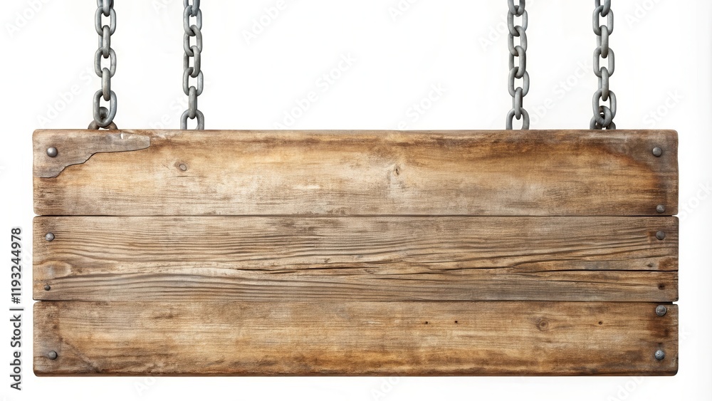 Poster rustic weathered wooden sign hanging from metal chains, ideal for displaying your message or announc