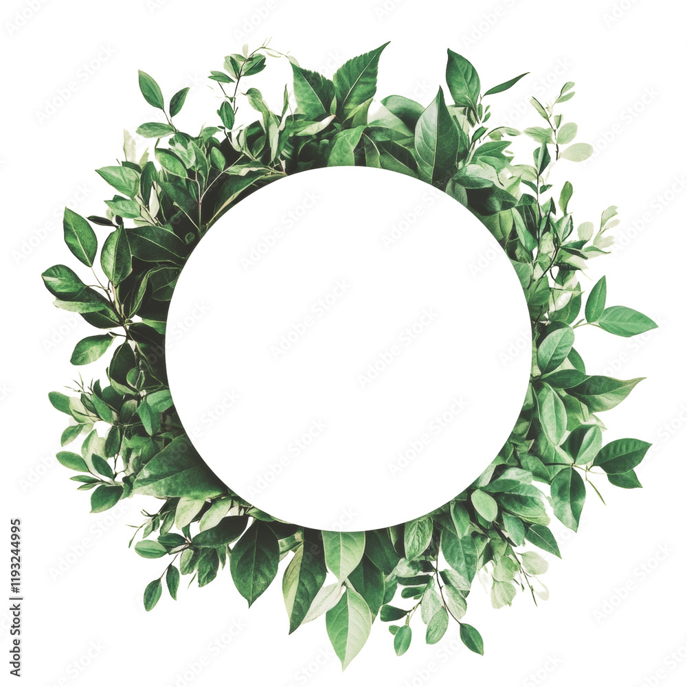 Poster a circular frame composed of various lush green leaves and branches on a black background.