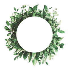 Naklejka premium A circular frame composed of various lush green leaves and branches on a black background.