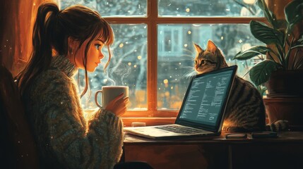 A girl is sitting at a table by the window, holding a mug of tea and looking at a laptop monitor, a cat is sitting next to her and also looking at the monitor