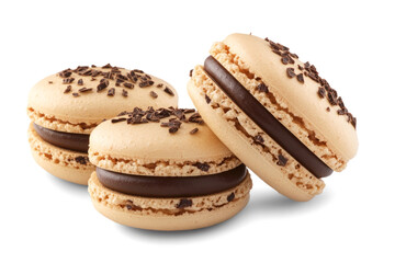 Fototapeta premium Three coffee-flavored macarons filled with chocolate ganache and sprinkled with chocolate shavings, isolated on a white background
