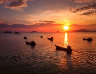 Generated image Drone shot of the sun setting over the Gulf of Thailand, with fishing boats silhouetted