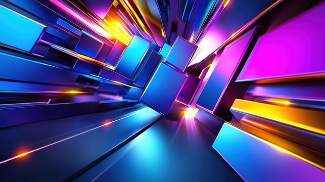 A vibrant abstract 3D composition with dynamic rectangular blocks in glowing hues of blue, purple, and yellow, creating a futuristic visual. Perfect for technology, innovation, and modern design theme - Powered by Adobe