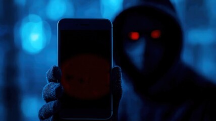 A shadowy figure with glowing red eyes holds a smartphone, surrounded by a dimly lit, mysterious atmosphere.
