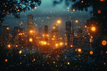 Fototapeta premium an intricate futuristic digital network connects illuminated skyscrapers in a sprawling urban landscape, showcasing technology's impact on modern city life with vibrant colors and abstract shapes