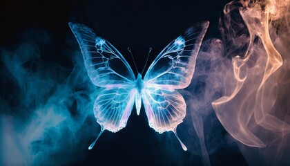 Glowing blue butterfly x-ray silhouette from neon on a dark background with gradient background