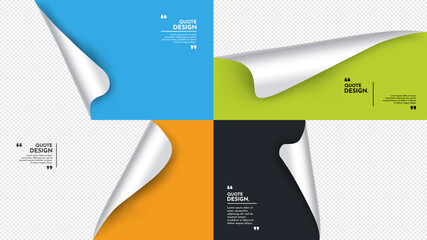 Vector illustration. Realistic curled glossy paper with rounded corners. Colorful backgrounds set. Folded sticker elements for web banner, video thumbnail, product advertisement, horizontal wallpapers