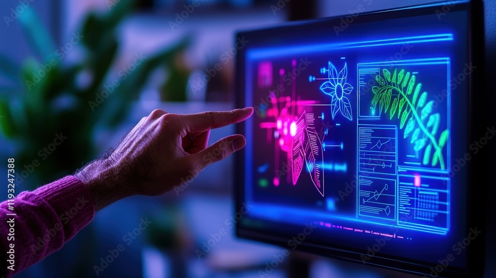 Poster a hand interacts with a vibrant, digital interface displaying colorful graphics and data, suggesting