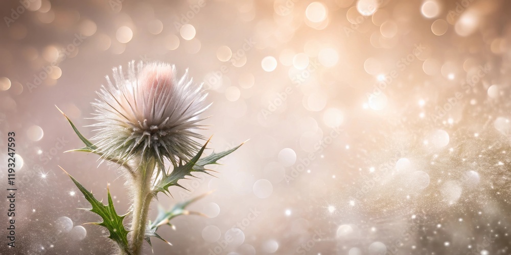 Poster a delicate thistle blossom, adorned with a soft, ethereal glow, against a shimmering bokeh backdrop.