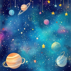 Whimsical Cosmic Scene Featuring Planets and Stars