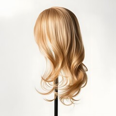 Naklejka premium Blonde Hair Wig on Stand Against White Background