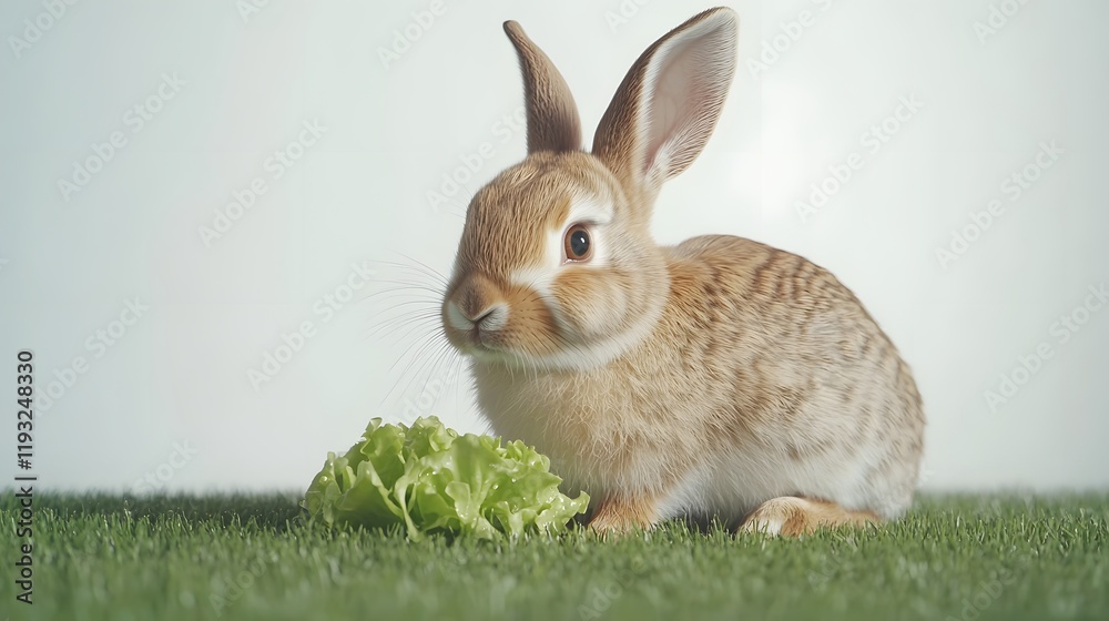 Wall mural 41. a rabbit nibbling on lettuce, sitting on the grass with a plain white background