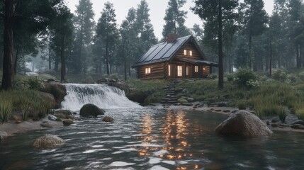 Obraz premium Tranquil Cabin by Stream Surrounded by Lush Green Forest Landscape