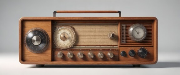 A vintage radio with a wooden cabinet and dials on a white background, classic radio, vintage radio, vintage technology