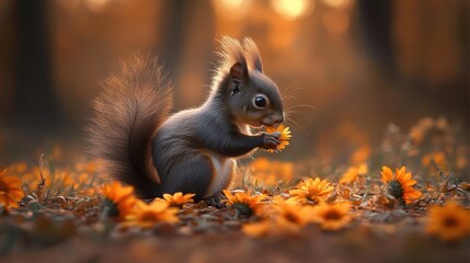Obraz premium Cute Squirrel Holding Flower in Meadow of Sunflowers at Sunset