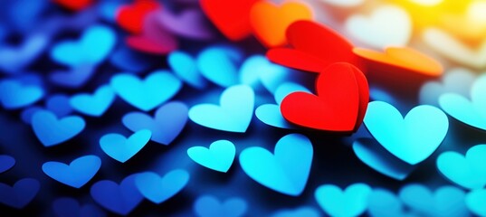 A vibrant arrangement of glowing red and blue heart shapes in a soft-focus composition, symbolizing love and romance. Perfect for Valentine's Day themes.