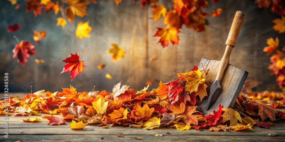 Poster autumnal still life wooden tool resting in pile of colorful fall leaves on rustic surface
