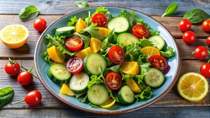 A vibrant salad of mixed greens, cherry tomatoes, and cucumber slices topped with a citrus vinaigrette, flavors, foodie, salad
