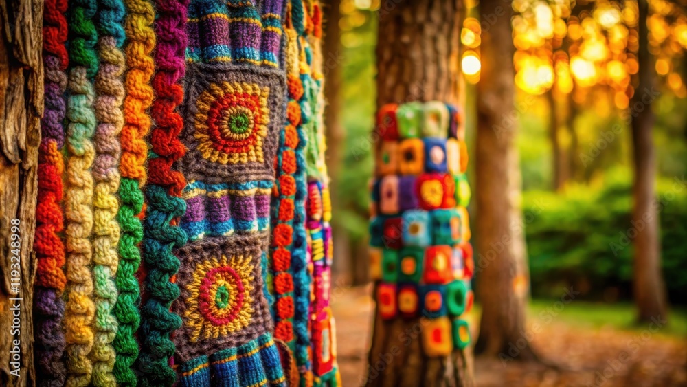 Poster vibrant yarn art adorns tree trunks in a sun-drenched forest setting, creating a whimsical and color