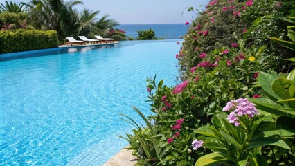 A vibrant blue pool water background with lush greenery and flowers, blue pool water, colorful, exotic