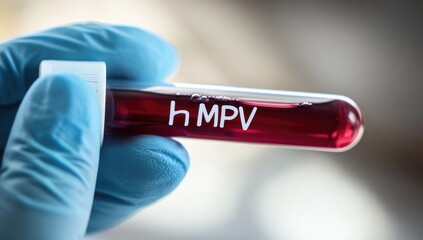 Obraz premium A hand in a blue glove holds a test tube labeled hMPV, containing blood. This is part of ongoing research on metapneumovirus in China during 2025