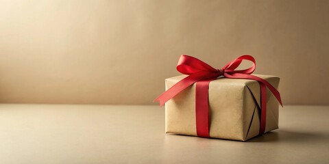 A single wrapped gift box with a red ribbon bow sits on a neutral surface