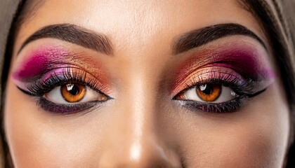 Close-up of a woman's eye adorned with artistic and colorful makeup, showcasing the creative dance of colors