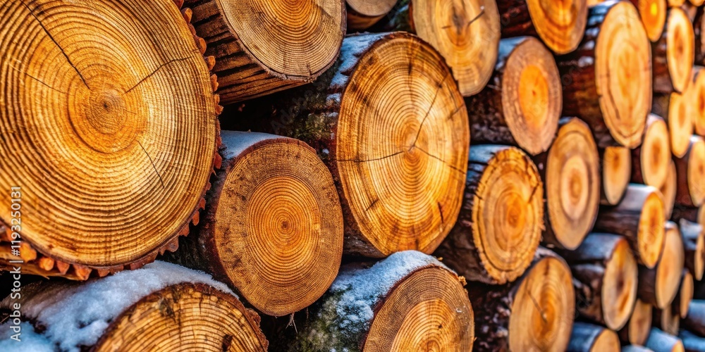 Poster A stack of neatly arranged timber logs shows concentric rings, dusted with a light layer of snow.