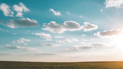 Vast open field beneath a bright blue sky, with soft white clouds scattered across the horizon. The golden glow of sunlight enhances the peaceful landscape