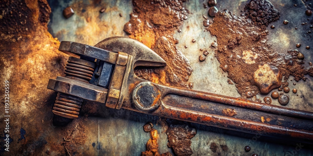 Poster rusty old adjustable wrench on a corroded metallic surface