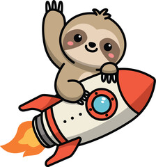 Cute sloth riding rocket and waving paw cartoon, vector illustration