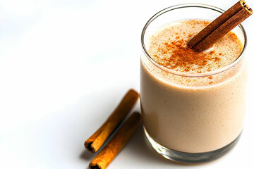 Creamy Cinnamon Drink in Glass with Cinnamon Sticks on White Background