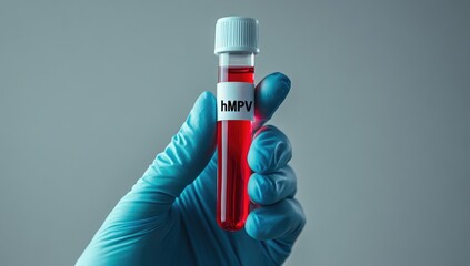 A hand in a blue glove holds a test tube labeled hMPV, containing blood. This is part of ongoing research on metapneumovirus in China during 2025
