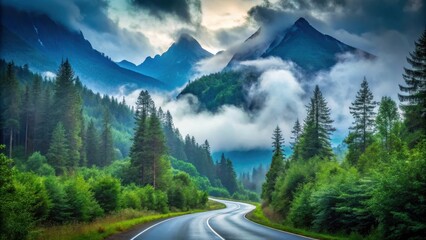 Scenic winding road through lush green forest towards majestic misty mountains