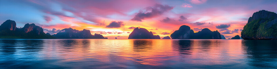 A panoramic view of the sunset over the sea, with mountains in the background and reflections on the calm waters